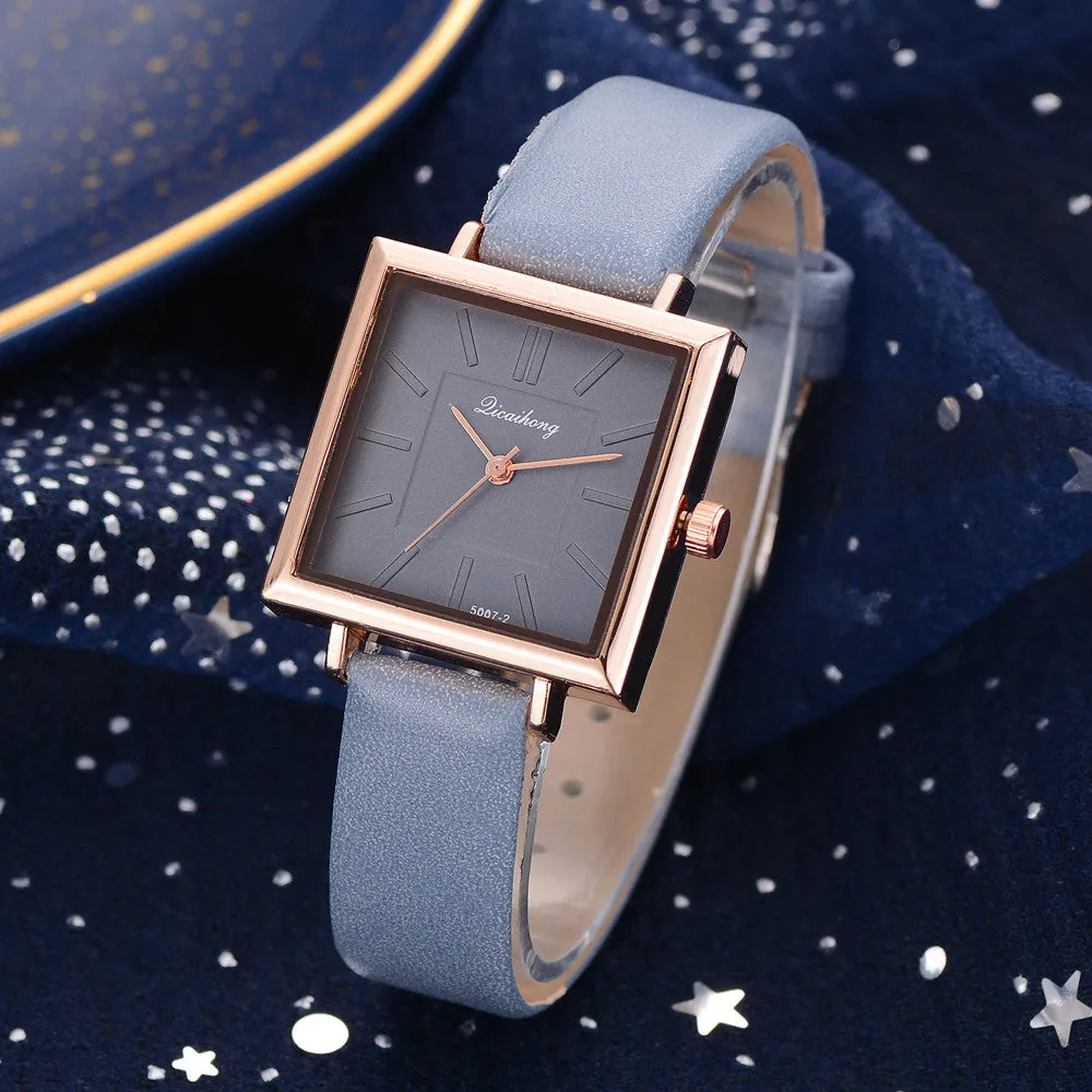 Square women leather crystal quartz wrist watch with glass dial in multiple colours