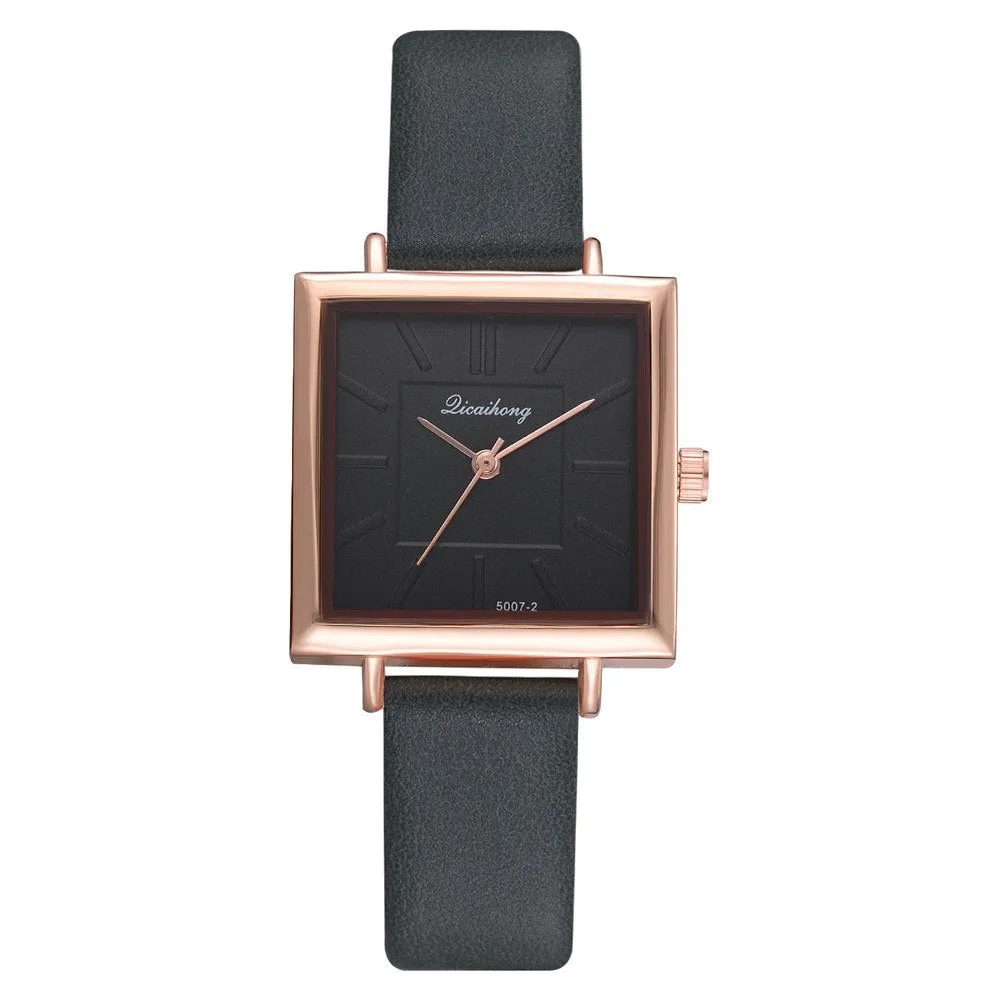 Square women leather crystal quartz wrist watch with glass dial in multiple colours