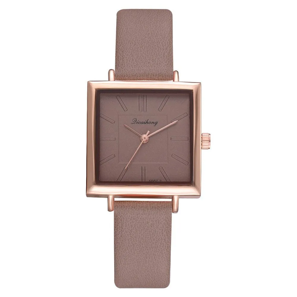 Square women leather crystal quartz wrist watch with glass dial in multiple colours