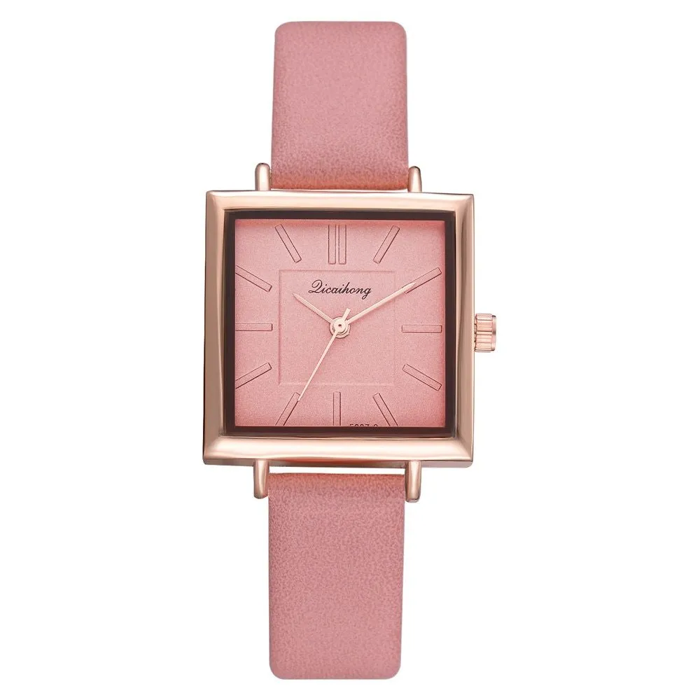 Square women leather crystal quartz wrist watch with glass dial in multiple colours