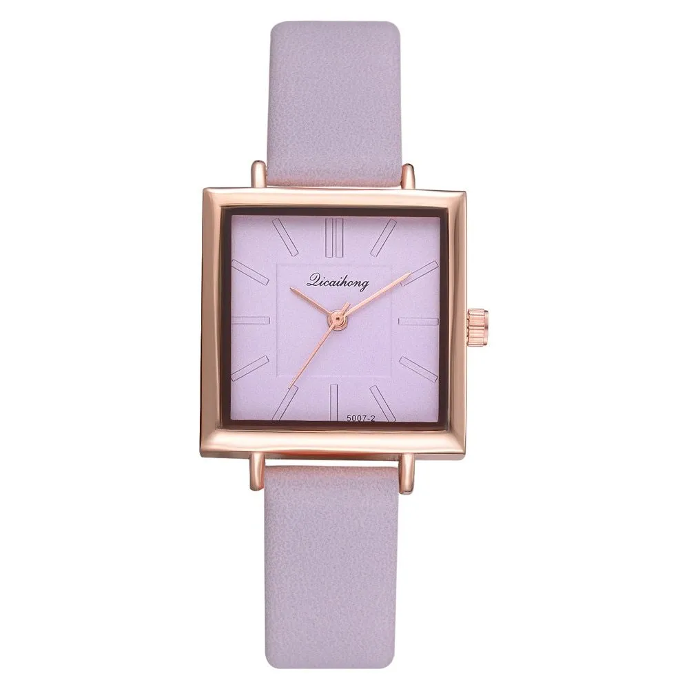 Square women leather crystal quartz wrist watch with glass dial in multiple colours