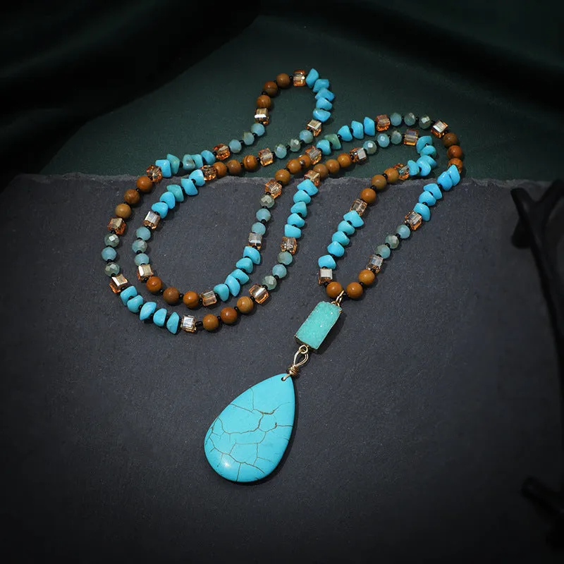 Turquoise blue water drop pendant necklace with mixed gem inlay on ball bead chain
