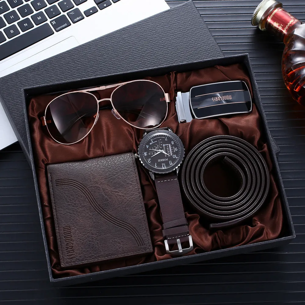 Men's brown watch set including watch, belt, glasses, and wallet in OPP packaging
