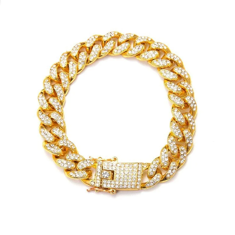 Cuban bracelet diamond link chain unisex hiphop jewellery alloy 21cm gold silver