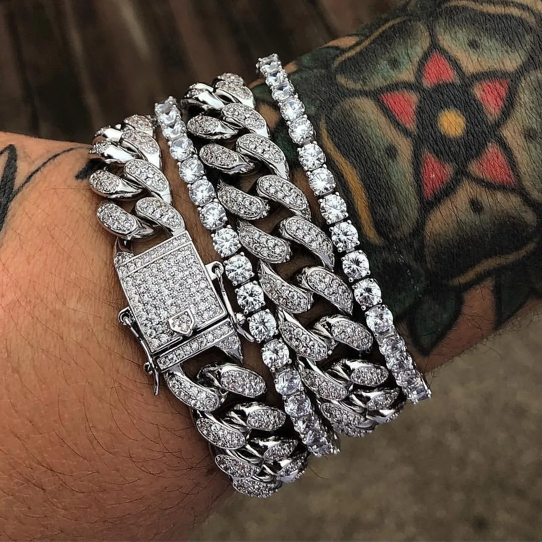 Cuban bracelet diamond link chain unisex hiphop jewellery alloy 21cm gold silver