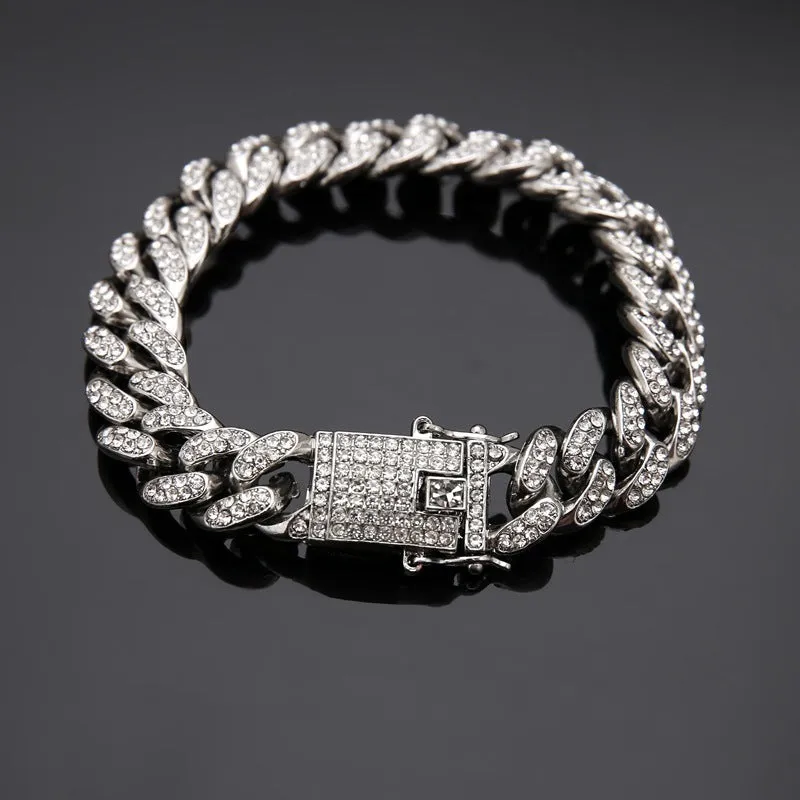 Cuban bracelet diamond link chain unisex hiphop jewellery alloy 21cm gold silver