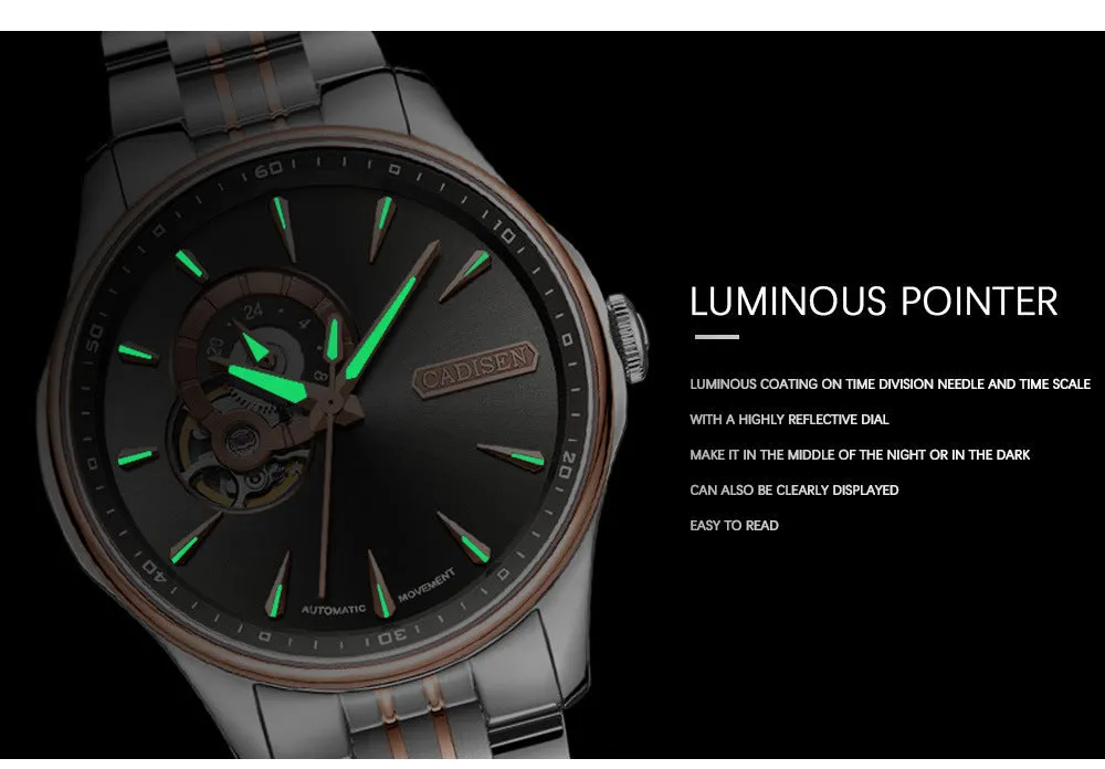Business and leisure mechanical watch with 42mm dial, luminous display, and stainless steel strap