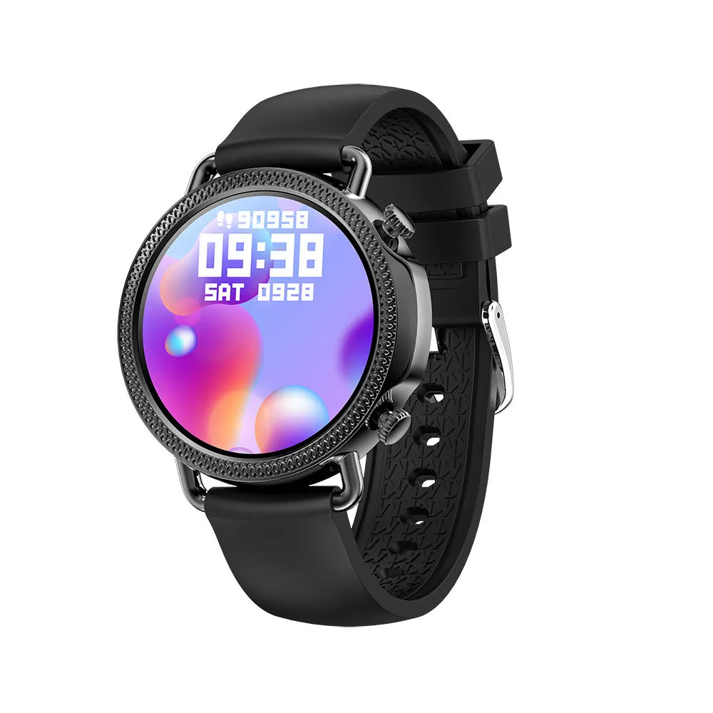 Women's smart watch with full touch screen and silicone strap in black, showing step count and time display