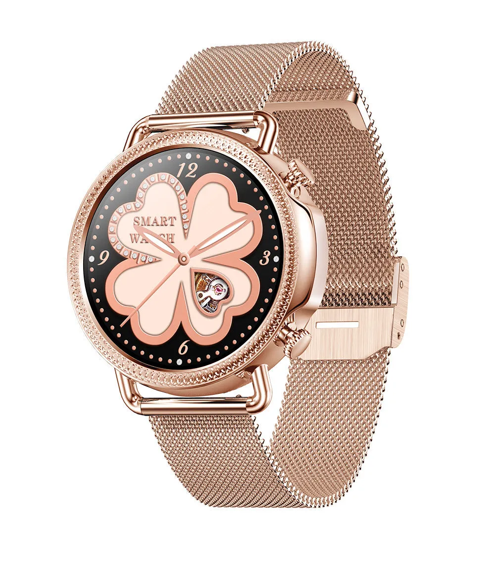 Women's smart watch with full touch screen and silicone strap in black, showing step count and time display