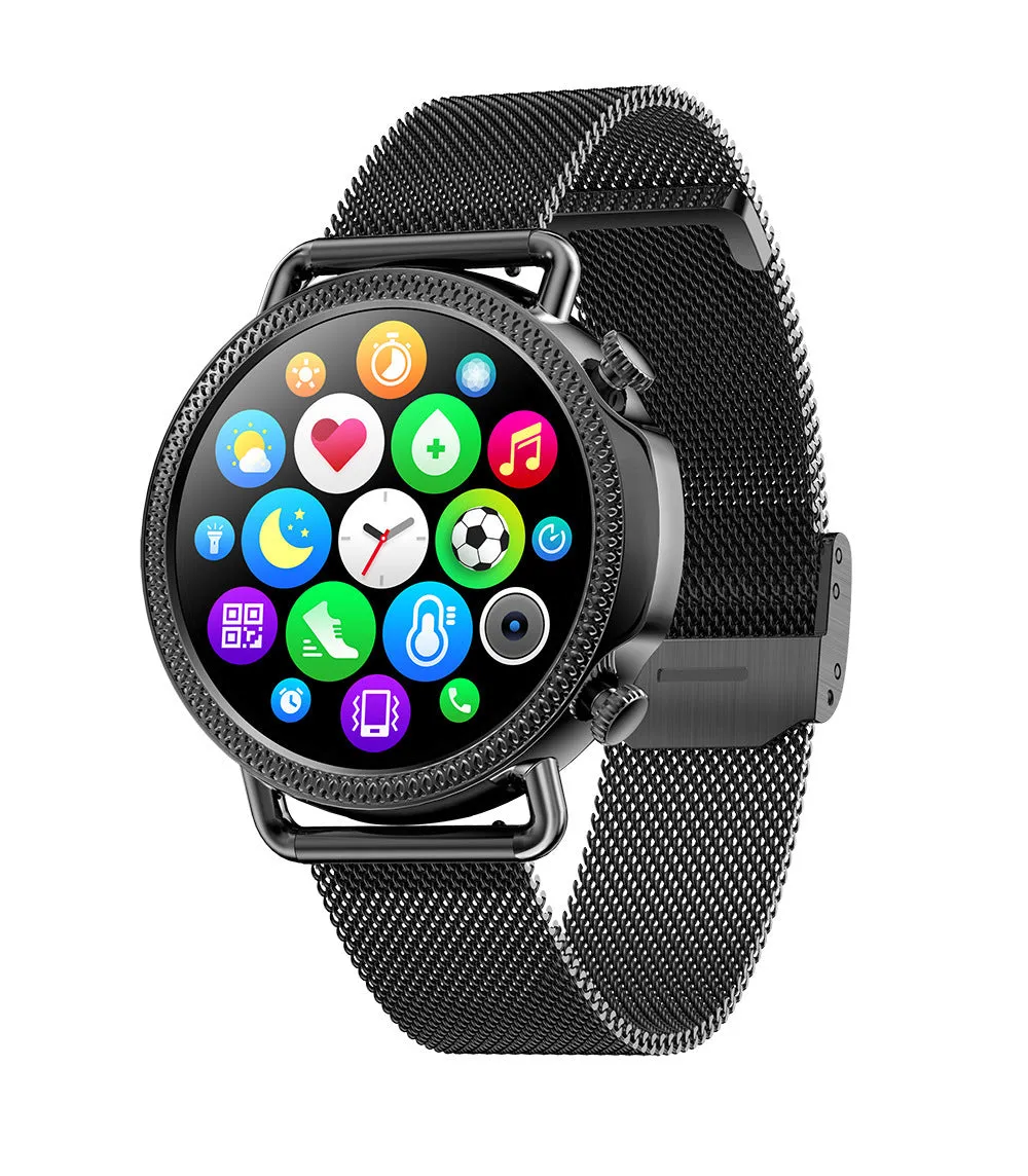 Women's smart watch with full touch screen and silicone strap in black, showing step count and time display