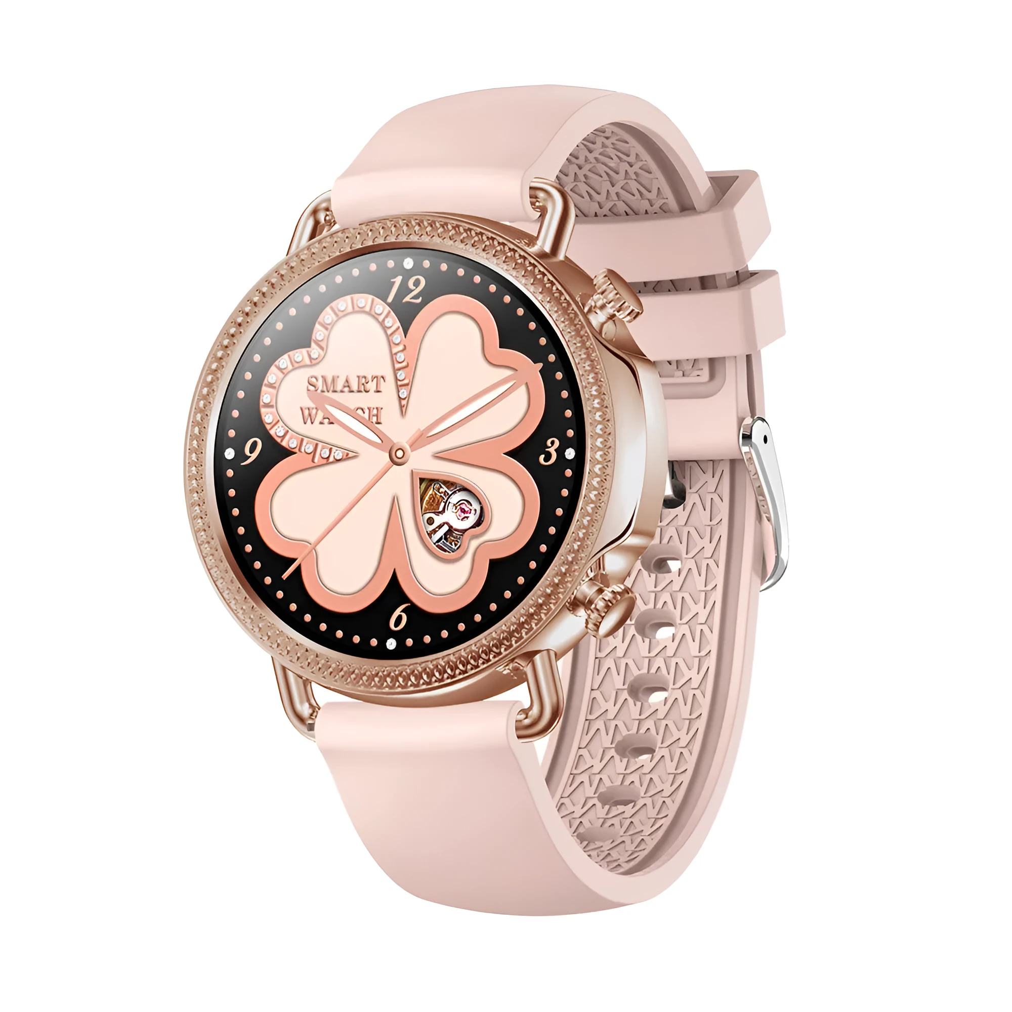 Women's smart watch with full touch screen and silicone strap in black, showing step count and time display