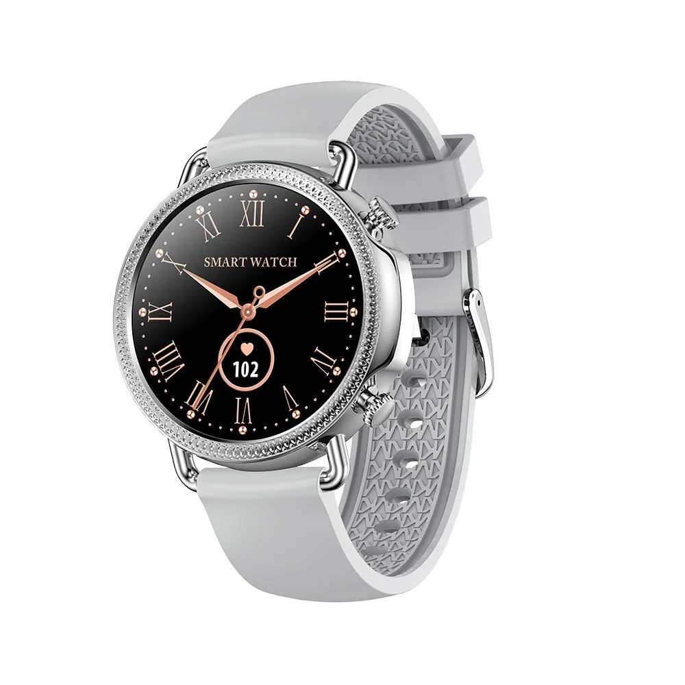 Women's smart watch with full touch screen and silicone strap in black, showing step count and time display