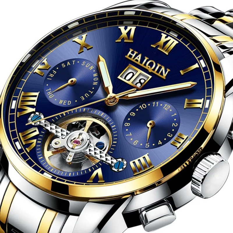 Men's luminous hollow tourbillon automatic mechanical watch with solid steel case and stainless steel strap on wrist