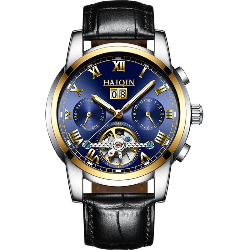 Men's luminous hollow tourbillon automatic mechanical watch with solid steel case and stainless steel strap on wrist