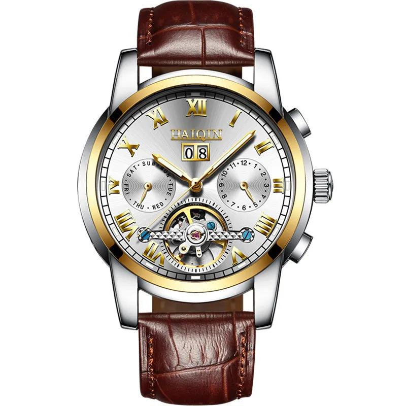 Men's luminous hollow tourbillon automatic mechanical watch with solid steel case and stainless steel strap on wrist
