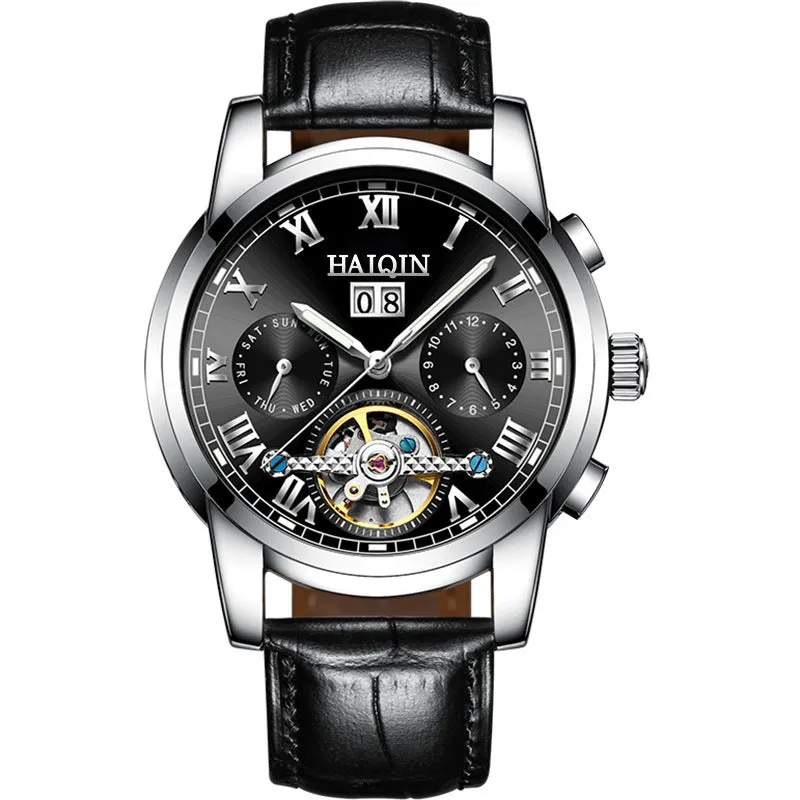 Men's luminous hollow tourbillon automatic mechanical watch with solid steel case and stainless steel strap on wrist