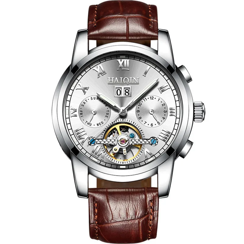 Men's luminous hollow tourbillon automatic mechanical watch with solid steel case and stainless steel strap on wrist