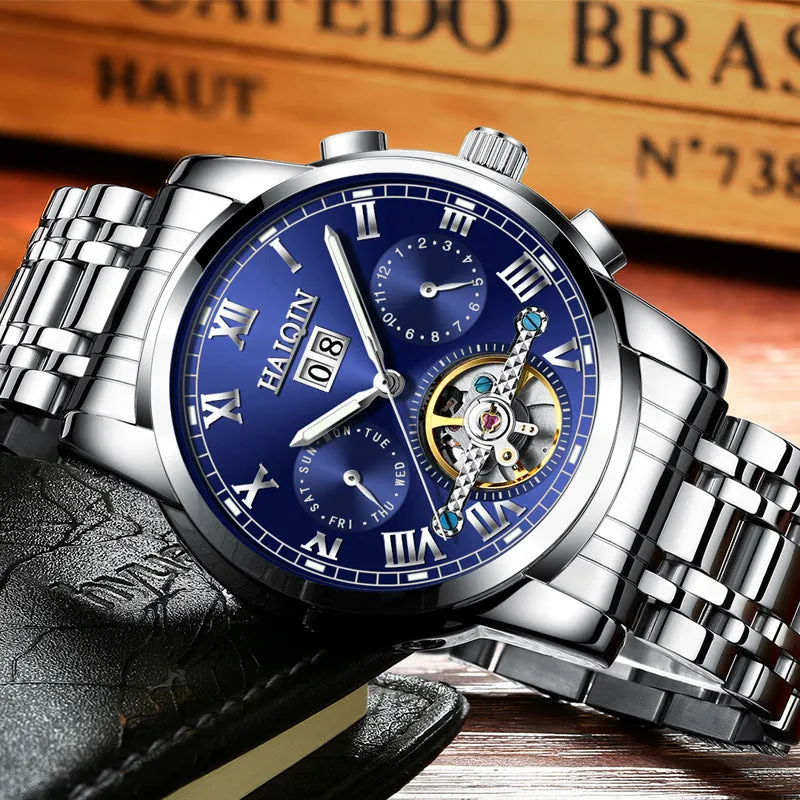 Men's luminous hollow tourbillon automatic mechanical watch with solid steel case and stainless steel strap on wrist