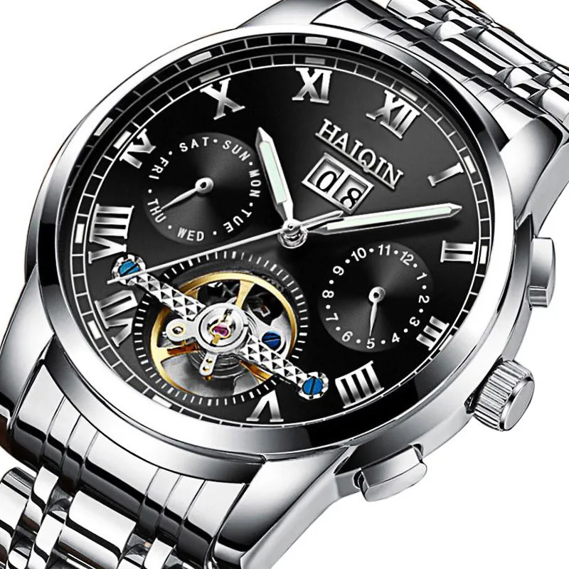 Men's luminous hollow tourbillon automatic mechanical watch with solid steel case and stainless steel strap on wrist