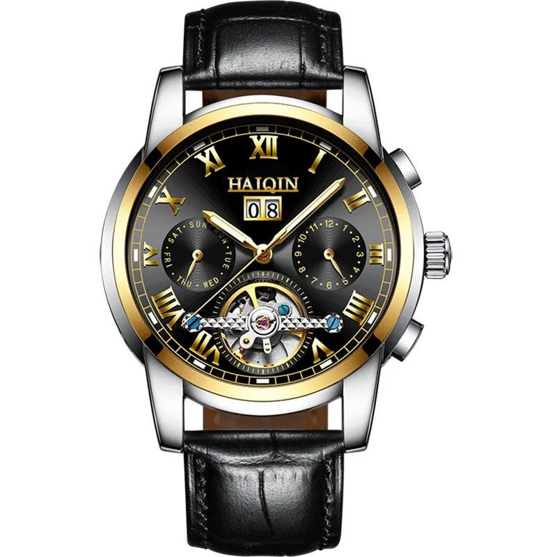 Men's luminous hollow tourbillon automatic mechanical watch with solid steel case and stainless steel strap on wrist