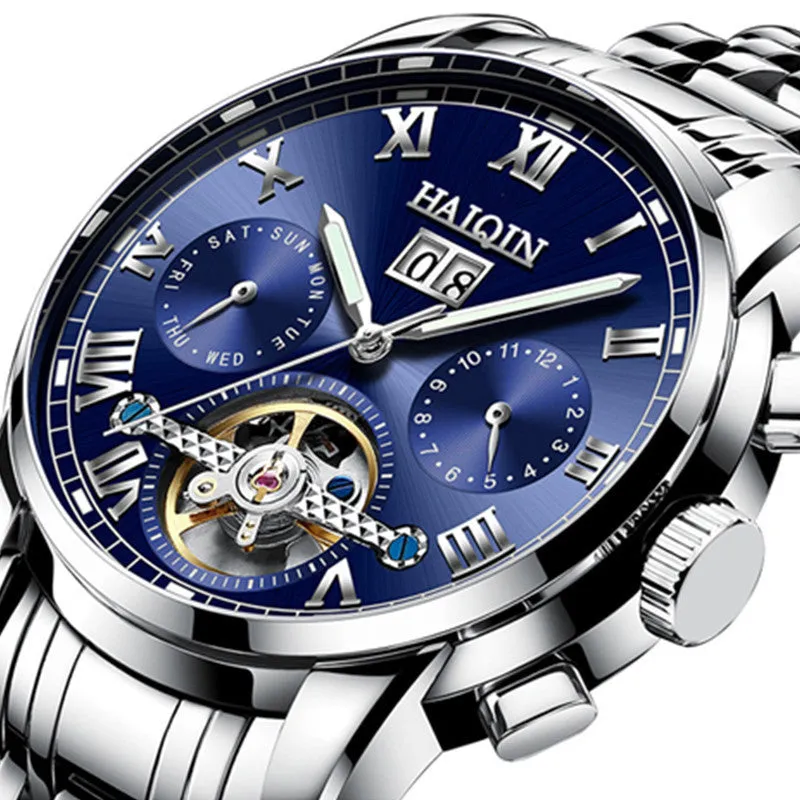 Men's luminous hollow tourbillon automatic mechanical watch with solid steel case and stainless steel strap on wrist