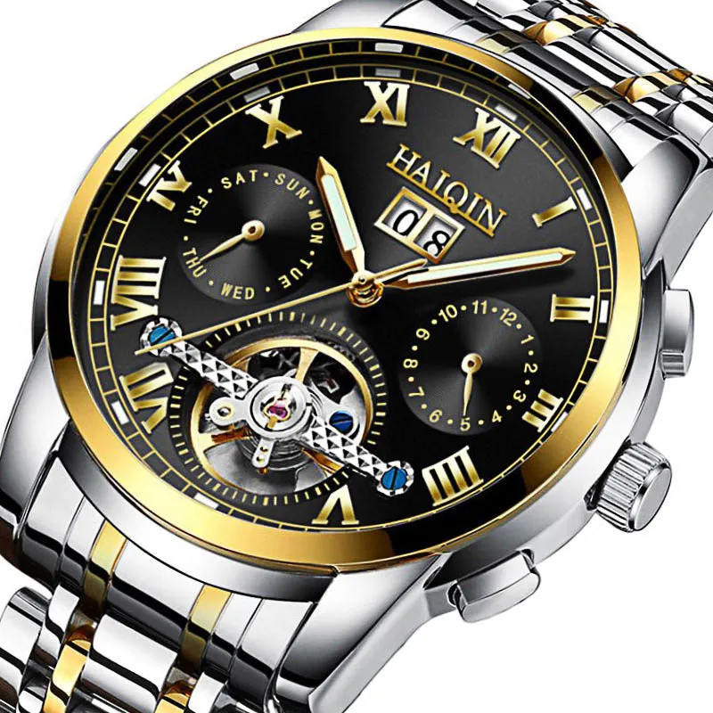 Men's luminous hollow tourbillon automatic mechanical watch with solid steel case and stainless steel strap on wrist