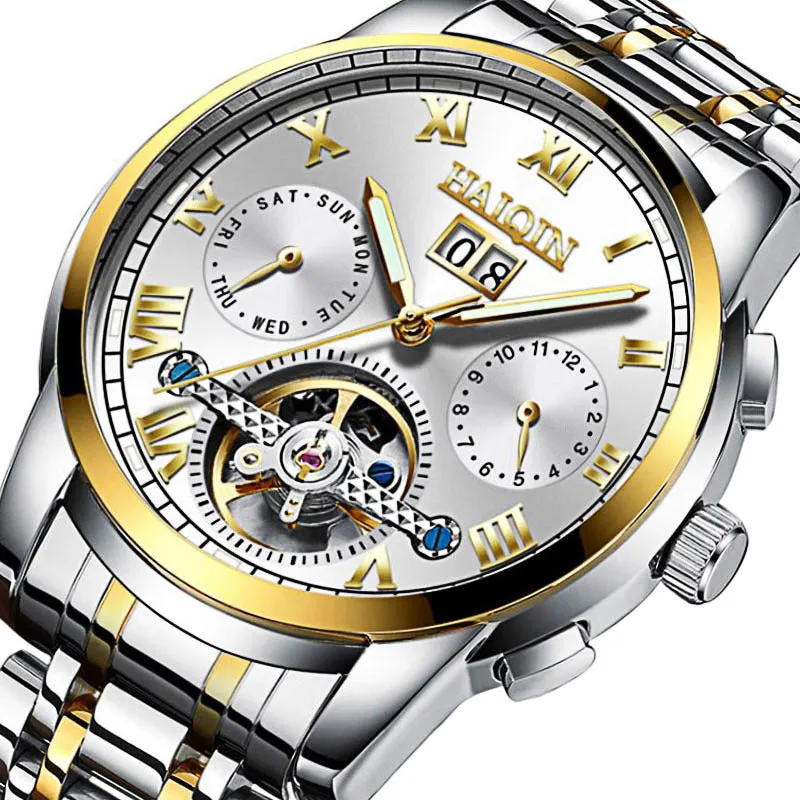 Men's luminous hollow tourbillon automatic mechanical watch with solid steel case and stainless steel strap on wrist