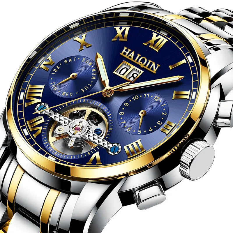 Men's luminous hollow tourbillon automatic mechanical watch with solid steel case and stainless steel strap on wrist