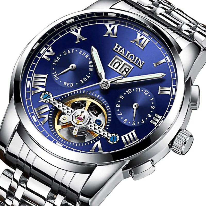 Men's luminous hollow tourbillon automatic mechanical watch with solid steel case and stainless steel strap on wrist