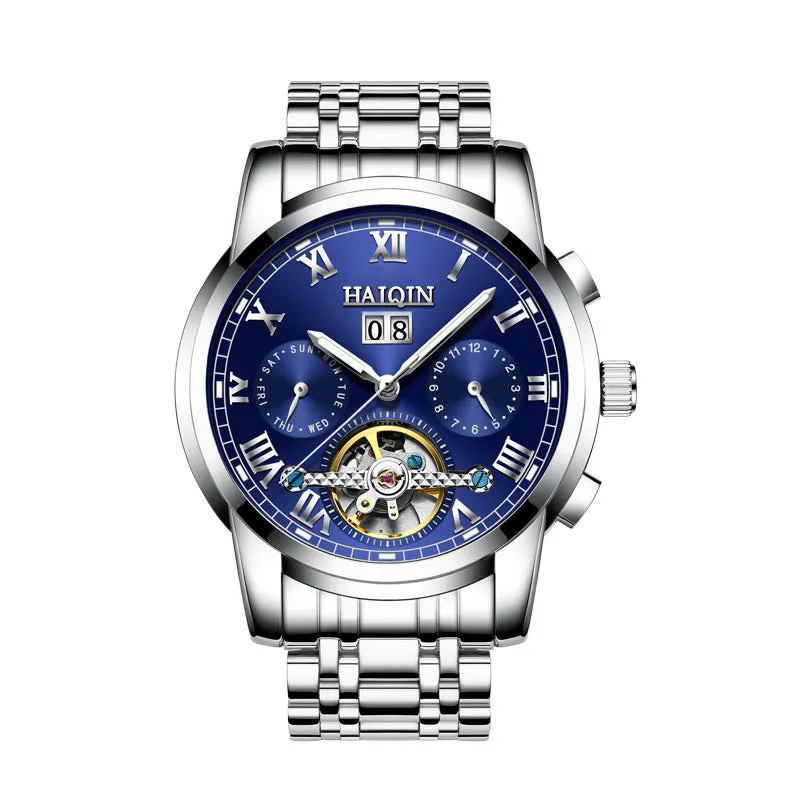 Men's luminous hollow tourbillon automatic mechanical watch with solid steel case and stainless steel strap on wrist