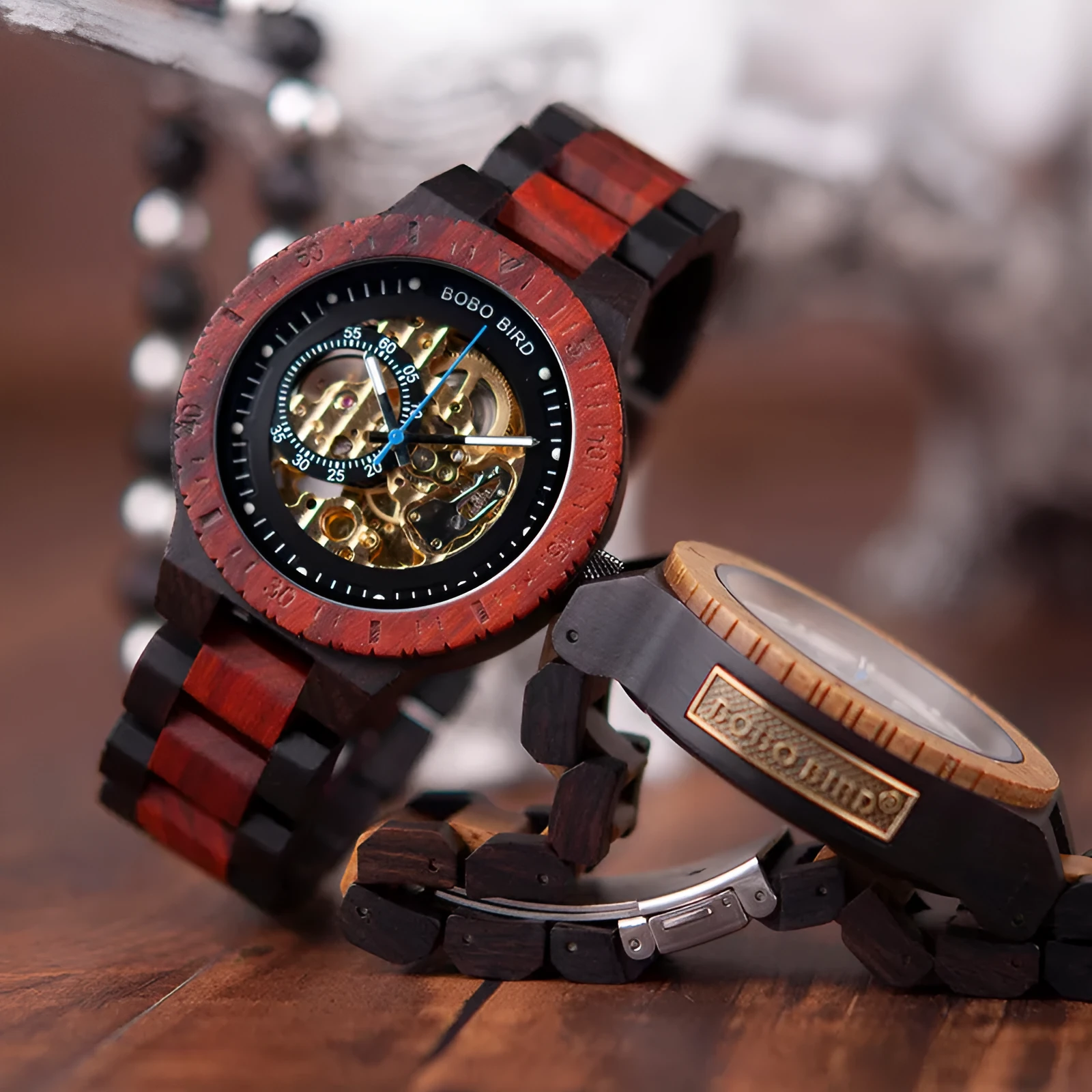 BOBO BIRD W-R05 brown automatic mechanical wood watch for men with 47.9mm wood bezel