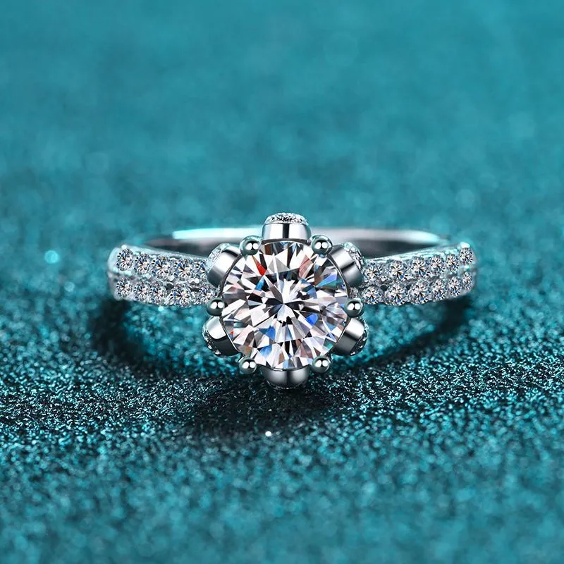 Women's sterling silver flower ring with mosonite or zircon stone, electroplated finish, ring sizes 9-20