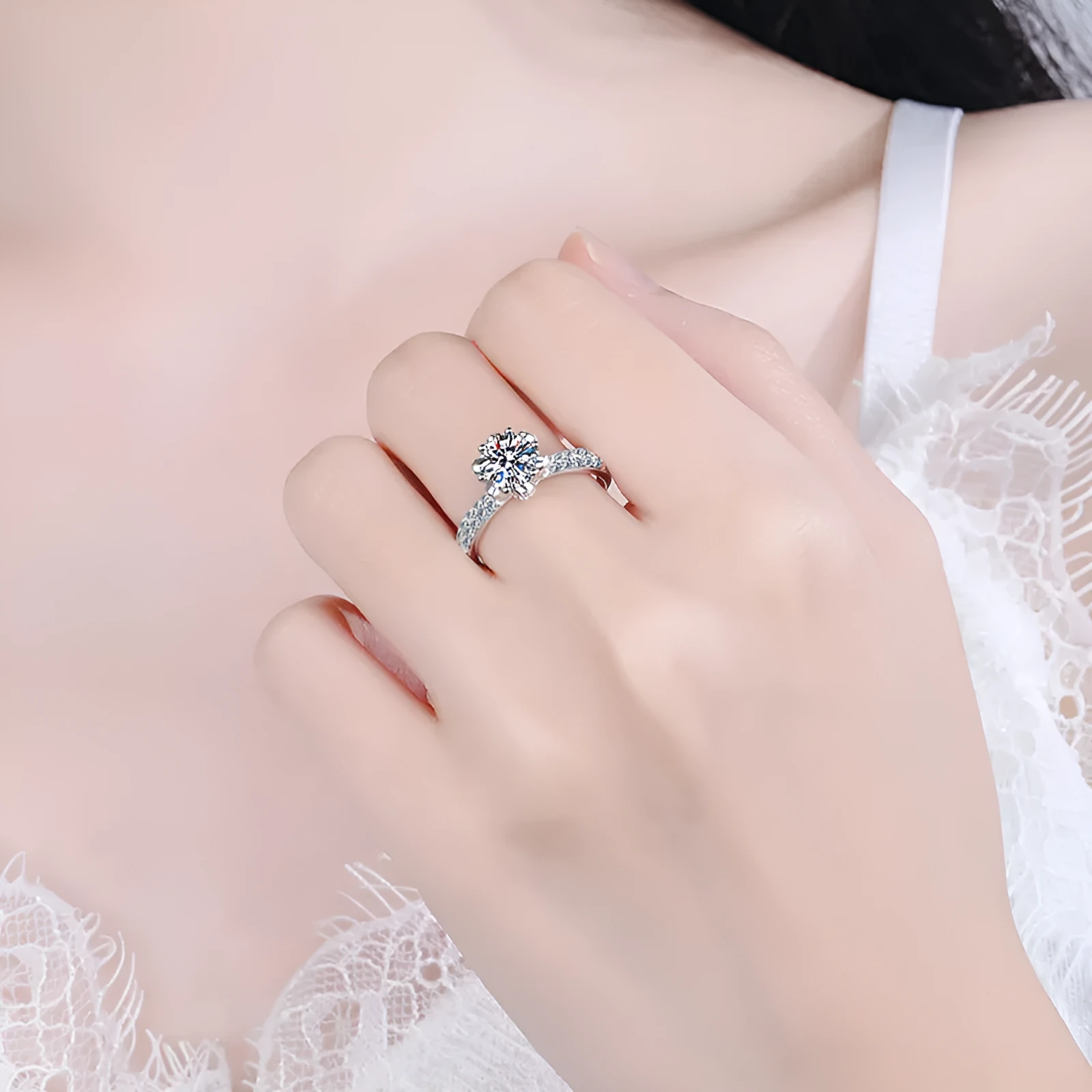 Women's sterling silver flower ring with mosonite or zircon stone, electroplated finish, ring sizes 9-20