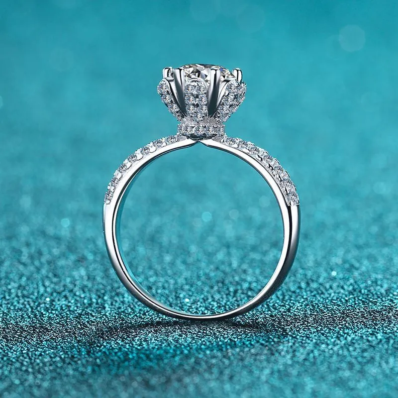Women's sterling silver flower ring with mosonite or zircon stone, electroplated finish, ring sizes 9-20