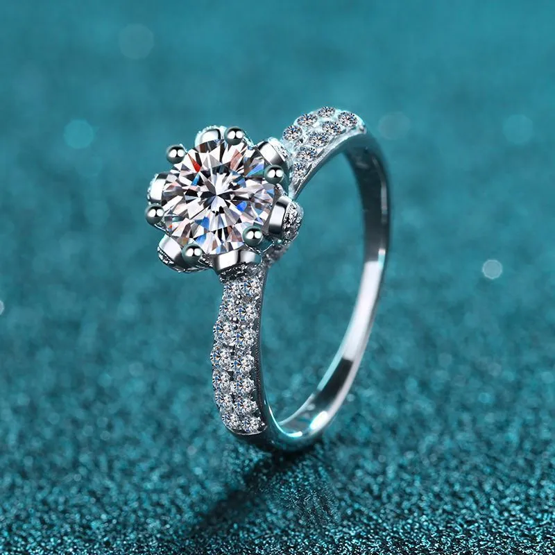 Women's sterling silver flower ring with mosonite or zircon stone, electroplated finish, ring sizes 9-20