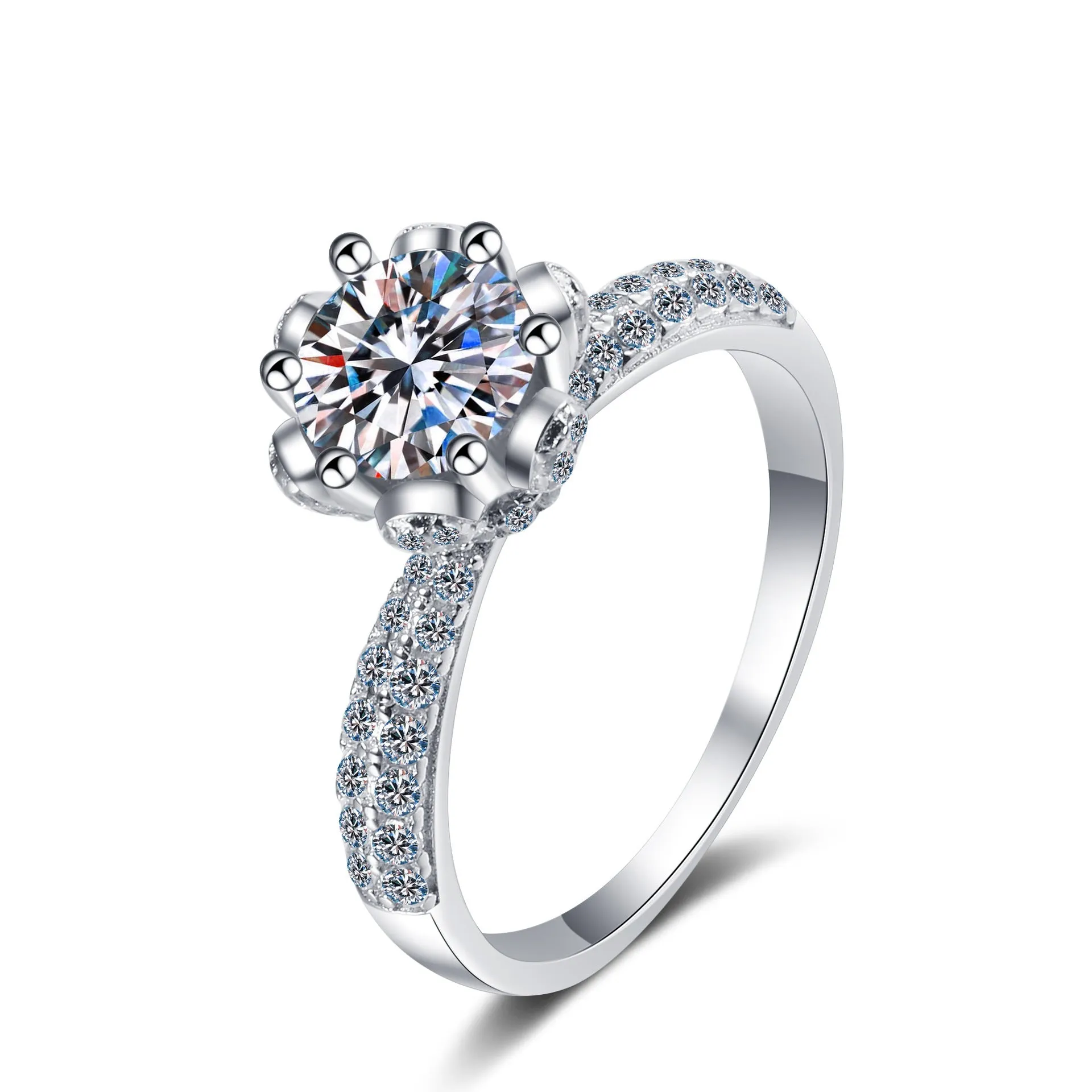 Women's sterling silver flower ring with mosonite or zircon stone, electroplated finish, ring sizes 9-20