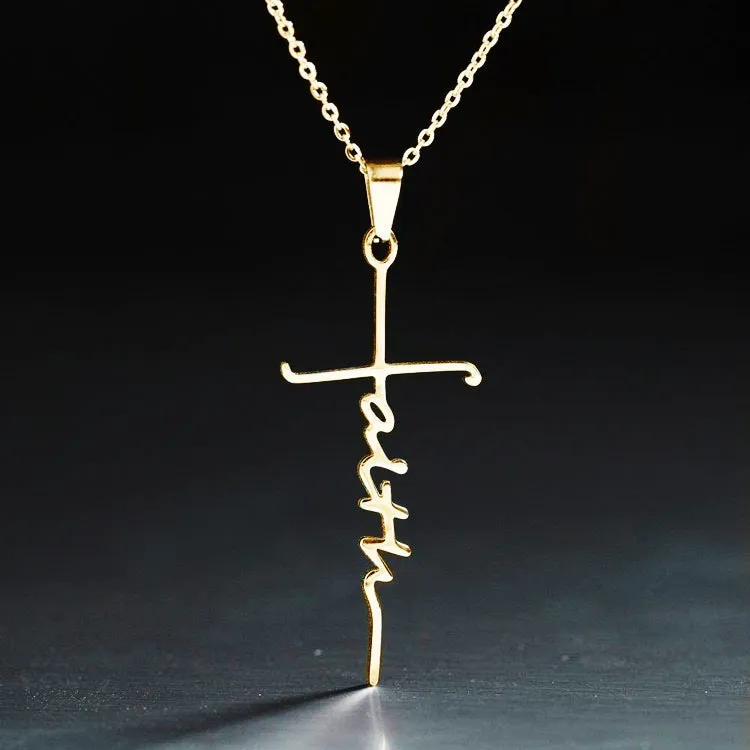 Titanium steel faith necklace with 4.5cm pendant on 45cm chain with extension in steel colour