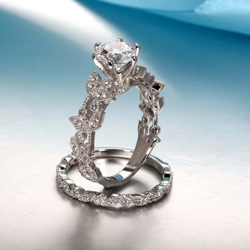 Tree leaf diamond engagement ring with round princess set diamond