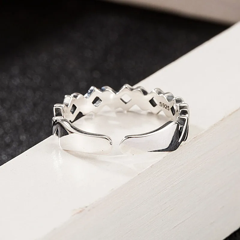 925 silver winding braided adjustable hip hop ring with geometric design silver colour