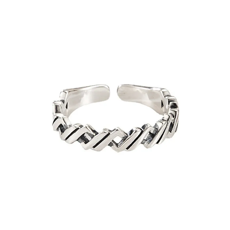 925 silver winding braided adjustable hip hop ring with geometric design silver colour
