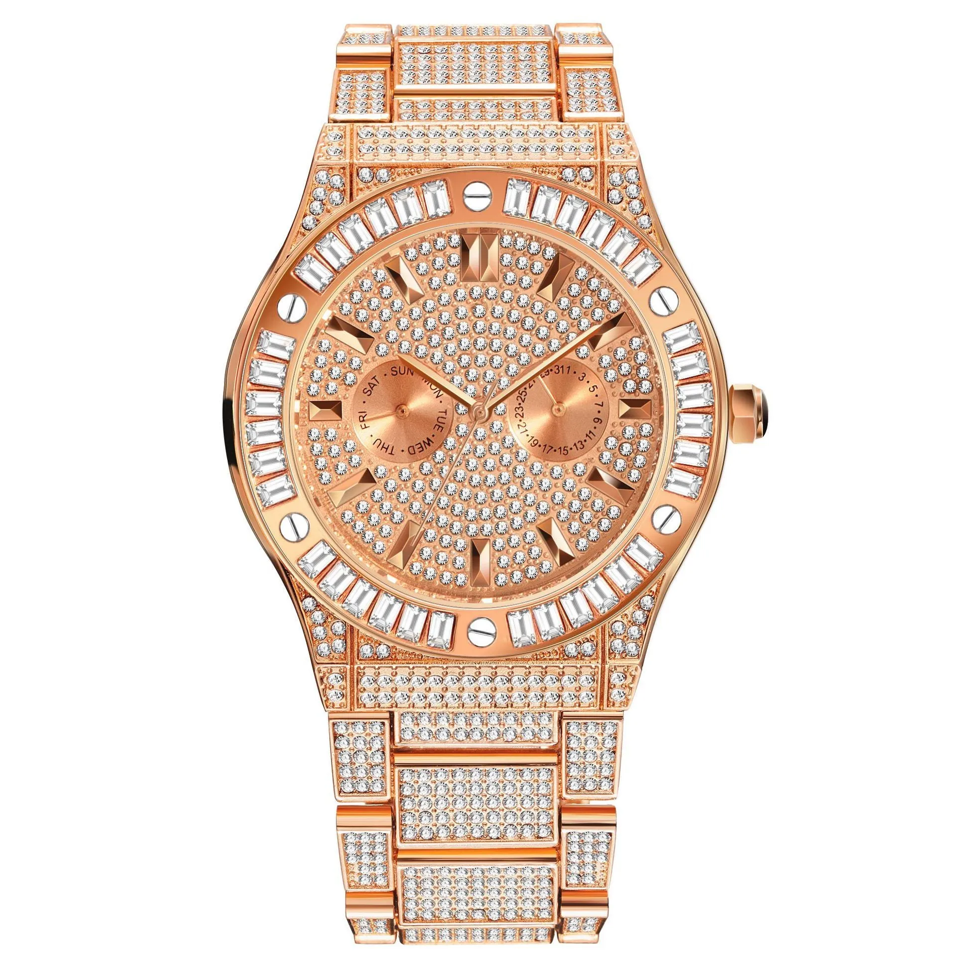 Men's hip hop style quartz watch with large 43mm diamond dial, gold plated strap, and butterfly buckle on a white background
