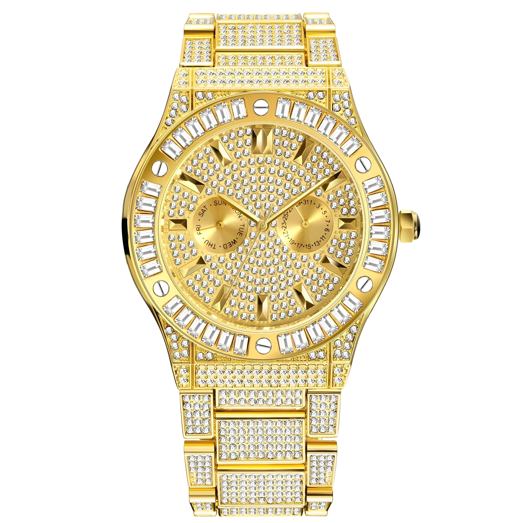 Men's hip hop style quartz watch with large 43mm diamond dial, gold plated strap, and butterfly buckle on a white background