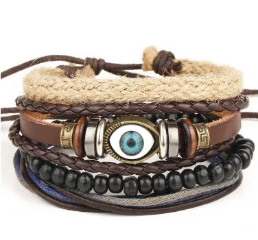 Men's fashion beaded leather bracelet with anchor charm and channel setting, easy hook closure