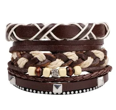 Men's fashion beaded leather bracelet with anchor charm and channel setting, easy hook closure