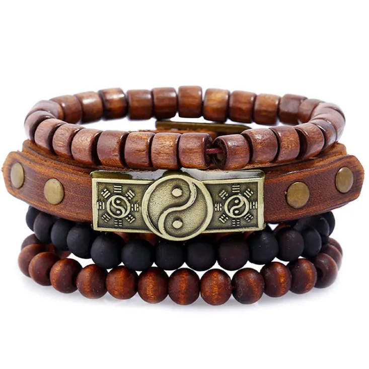 Men's fashion beaded leather bracelet with anchor charm and channel setting, easy hook closure