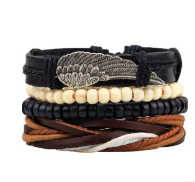 Men's fashion beaded leather bracelet with anchor charm and channel setting, easy hook closure