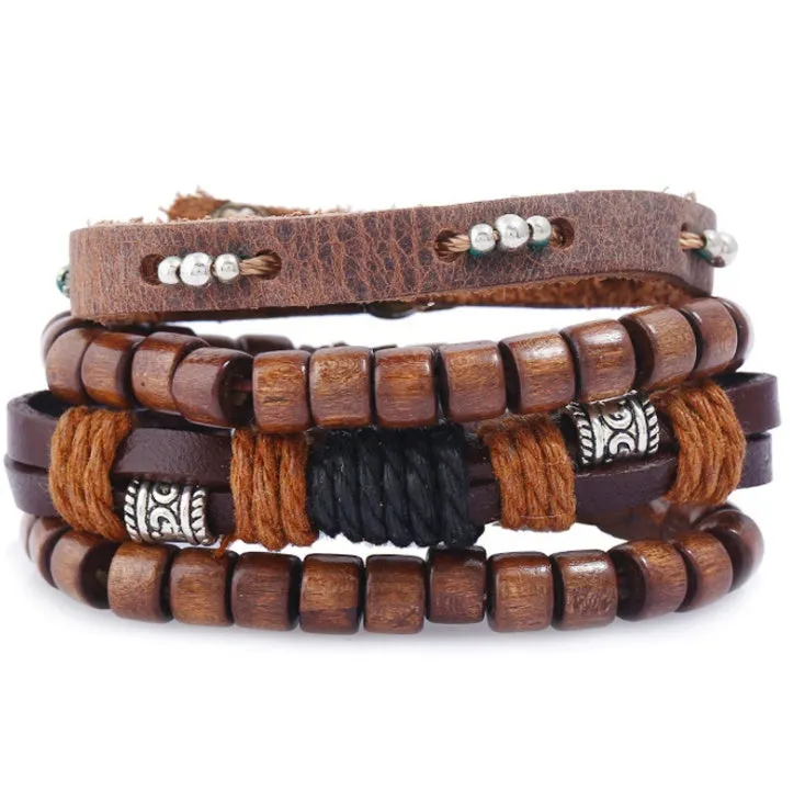 Men's fashion beaded leather bracelet with anchor charm and channel setting, easy hook closure