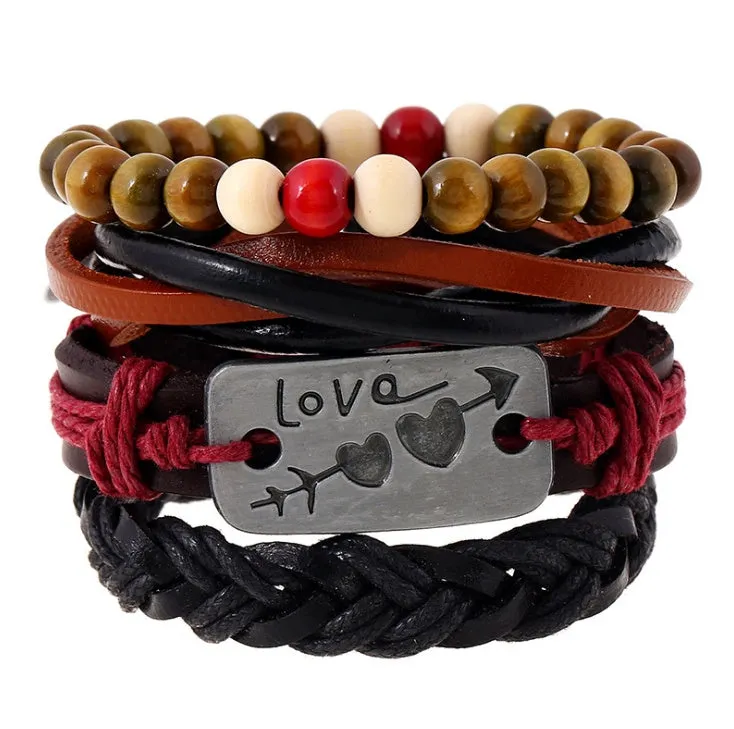 Men's fashion beaded leather bracelet with anchor charm and channel setting, easy hook closure
