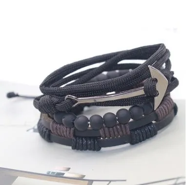 Men's fashion beaded leather bracelet with anchor charm and channel setting, easy hook closure