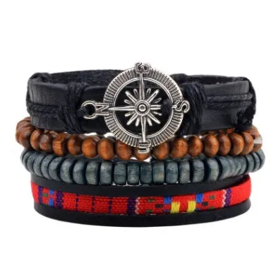Men's fashion beaded leather bracelet with anchor charm and channel setting, easy hook closure